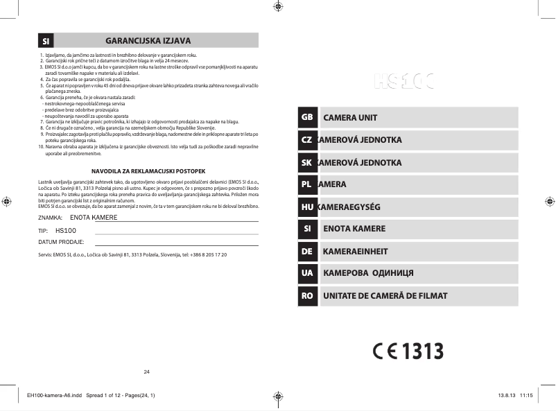 Image de la première page du manuel de l'appareil HS100BI-CE