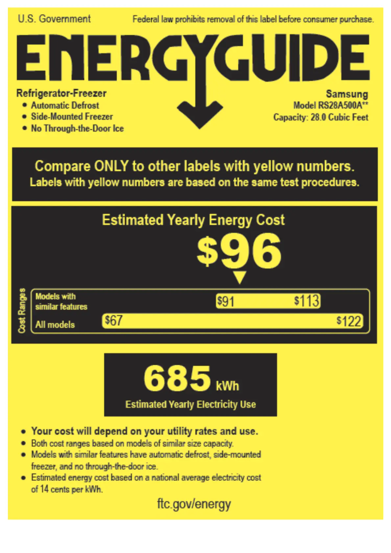 Page 1 de la notice Label énergétique Samsung RS28A500ASR
