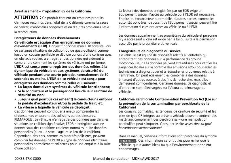Page 1 de la notice Manuel utilisateur Acura MDX Hybrid (2017)