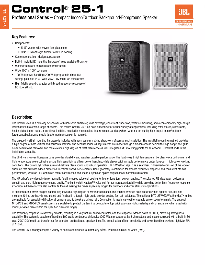 Page 1 de la notice Fiche technique JBL Control 25-1