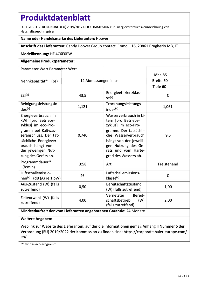 Page 1 de la notice Fiche technique Hoover HF 4C6F0PW