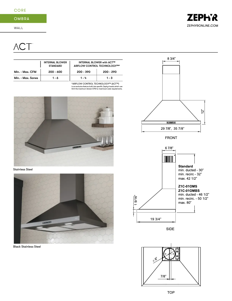 Page 1 de la notice Fiche technique Zephyr Ombra ZOM-E36BS