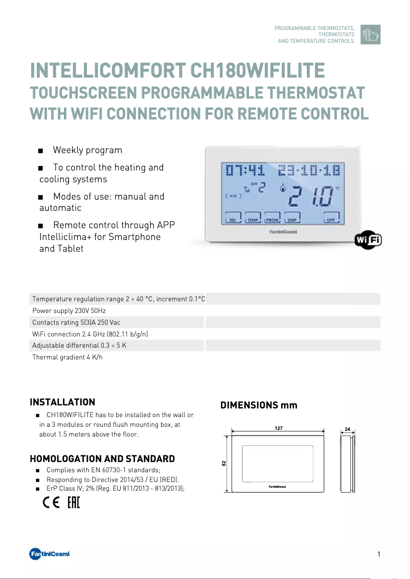 Page 1 de la notice Fiche technique Fantini Cosmi Intellicomfort CH180WIFILITE