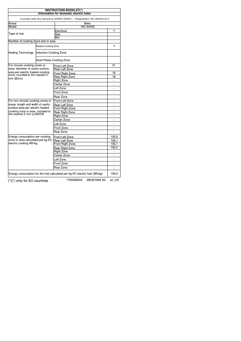 Page n°1 - Fiche technique Beko HIC 64402