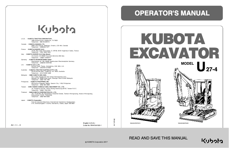 Page 1 de la notice Manuel utilisateur Kubota U27-4