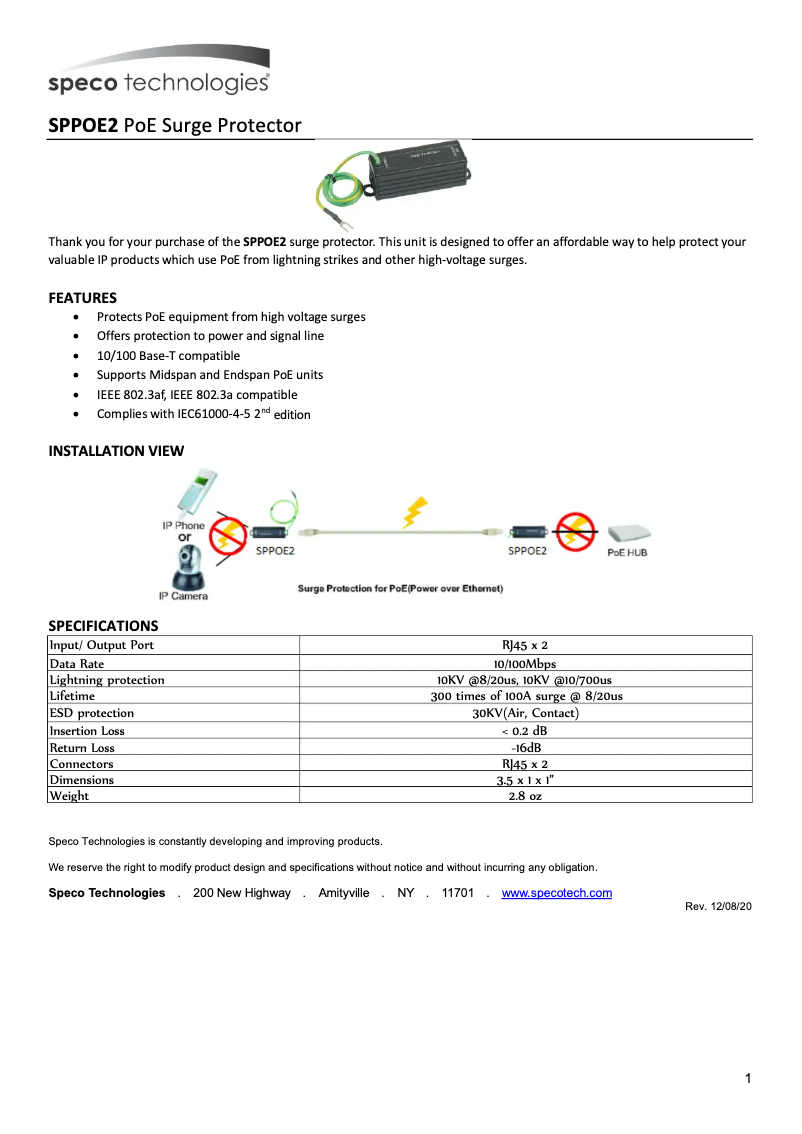 Page 1 of the manual User Manual Speco Technologies SPPOE2