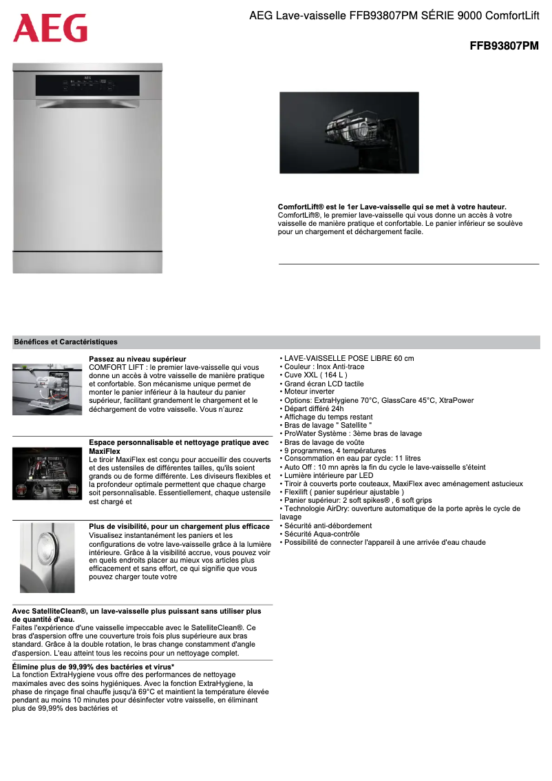 Page 1 de la notice Fiche technique AEG FFB93807PM