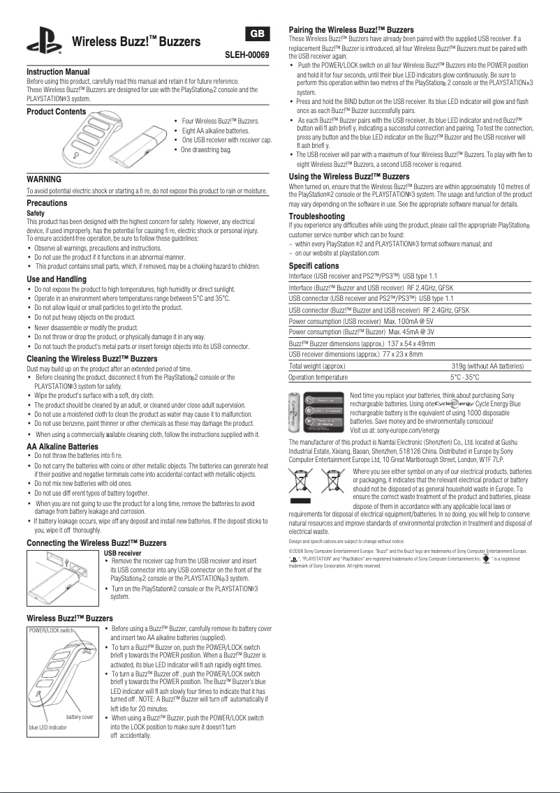Page 1 de la notice Manuel utilisateur Sony Wireless Buzz! Buzzers
