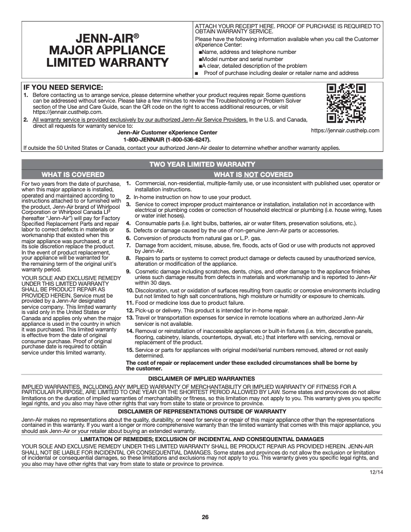 Page n°1 - Informations de garantie JennAir JIS1450DS