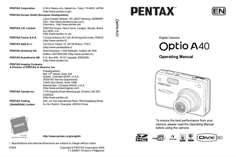 Página 1 del manual Manual de usuario Pentax Optio A40