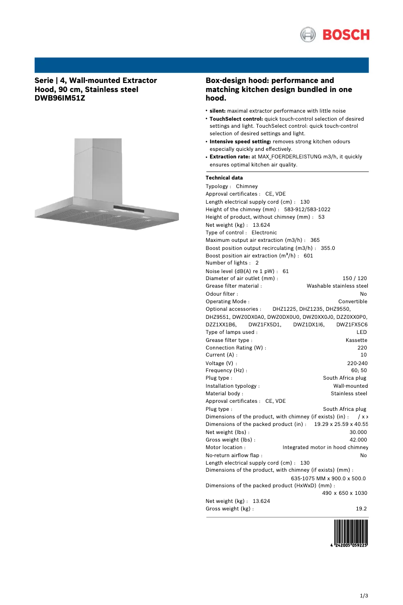 Página 1 del manual Ficha técnica Bosch DWB96IM51Z