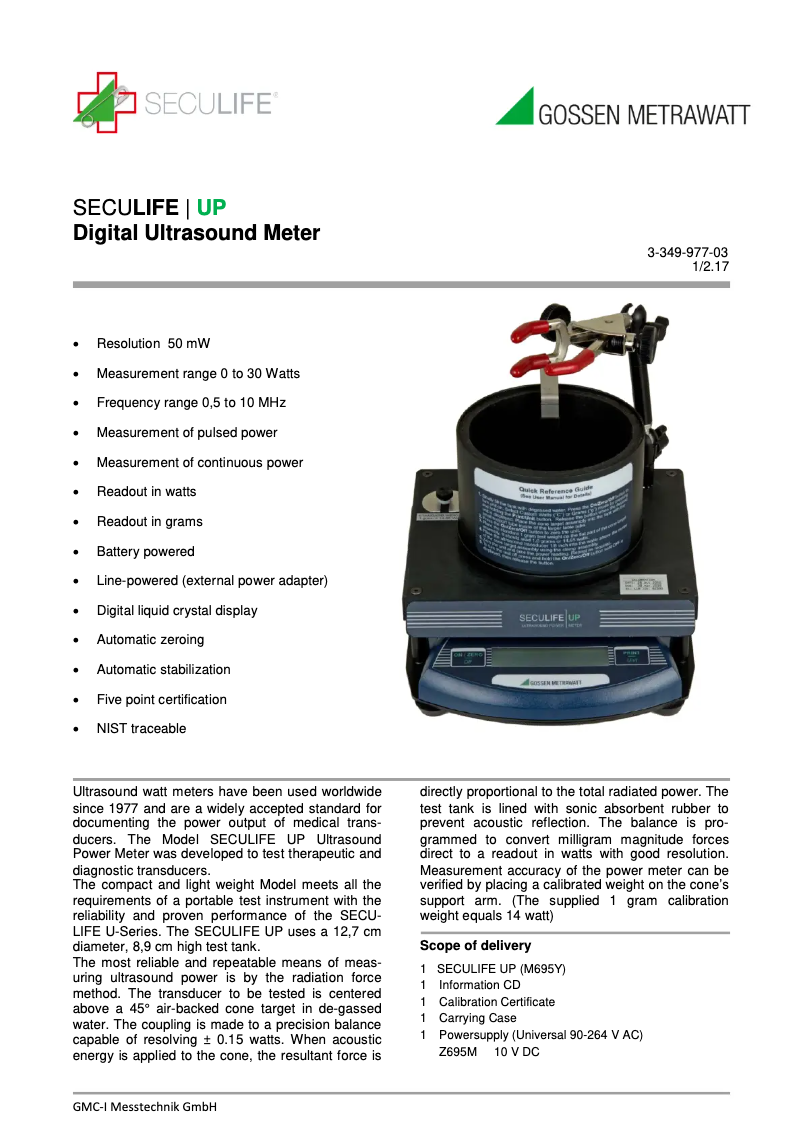 Page 1 de la notice Fiche technique Gossen Metrawatt SECULIFE UP