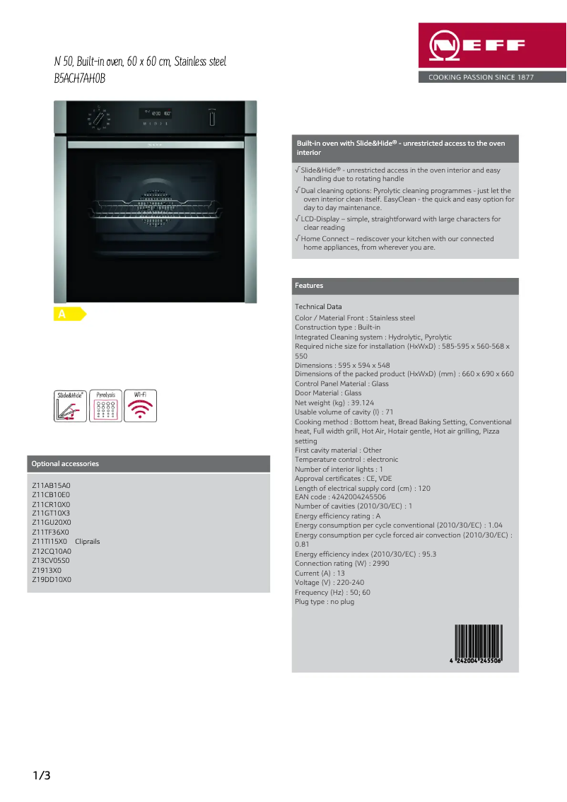 Page 1 de la notice Fiche technique Neff B5ACH7AH0B