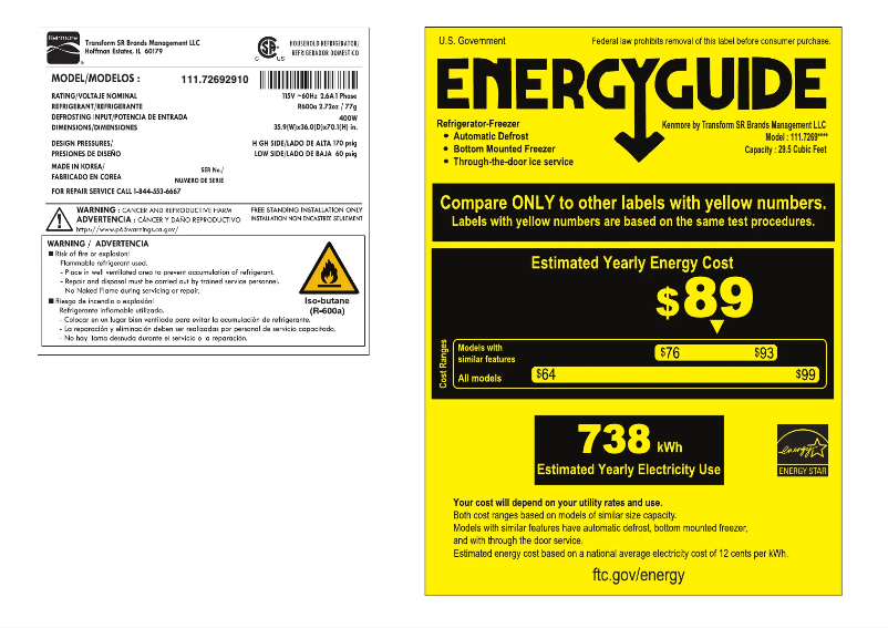 Page 1 de la notice Label énergétique Kenmore Elite 72699