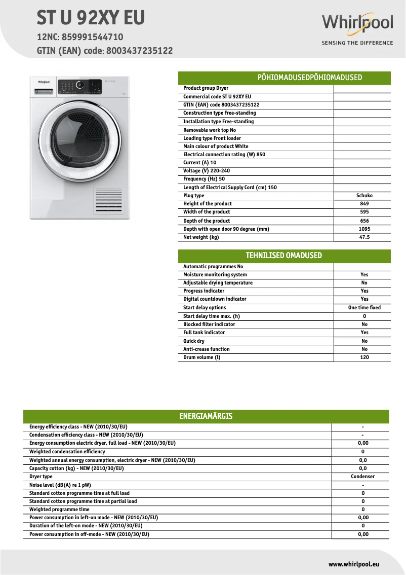 Page 1 de la notice Fiche technique Whirlpool ST U 92XY EU