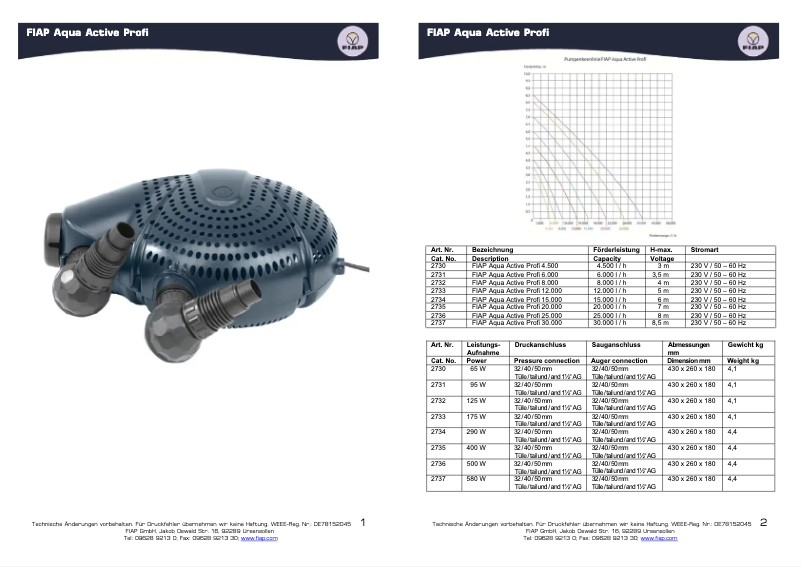 Page n°1 - Manuel utilisateur Fiap Aqua Active Profi 25.000