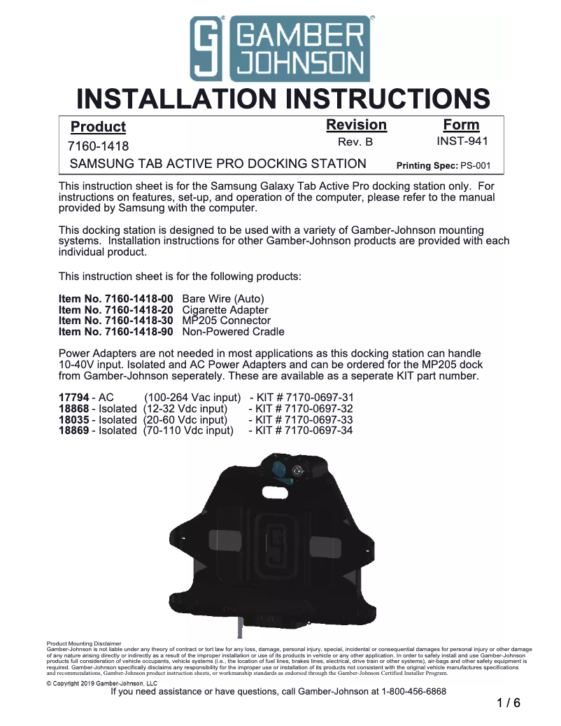 Page 1 de la notice Manuel utilisateur Gamber-Johnson 7160-1418