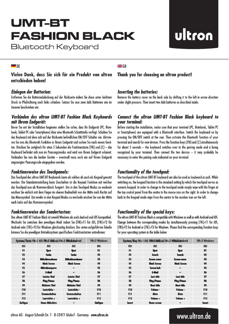 Page 1 de la notice Manuel utilisateur Ultron UMT-BT