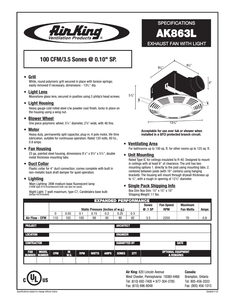 Page n°1 - Fiche technique Air King AK863L