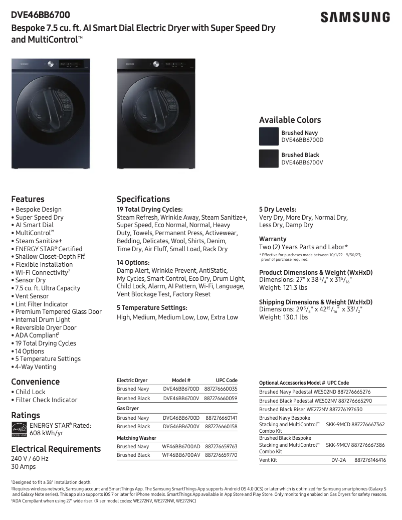 Página 1 del manual Ficha técnica Samsung DVE46BB6700D