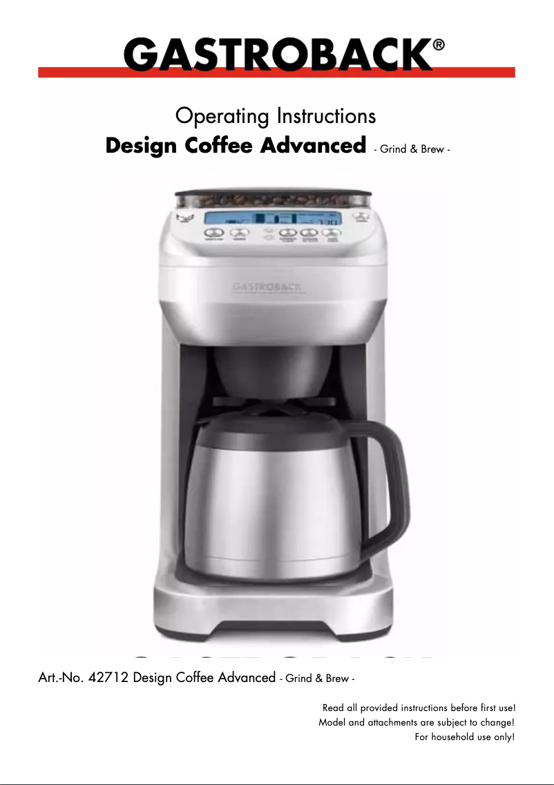 Page 1 de la notice Manuel utilisateur Gastroback Design Coffee Advanced Grind & Brew 42712