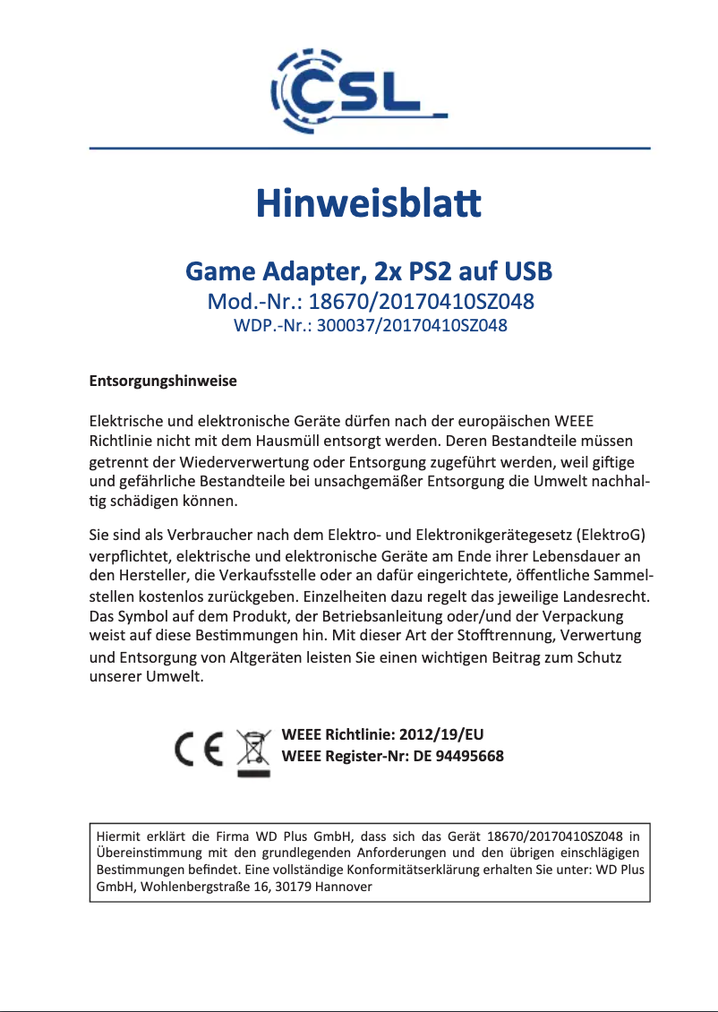 Page 1 of the manual User Manual CSL 300037
