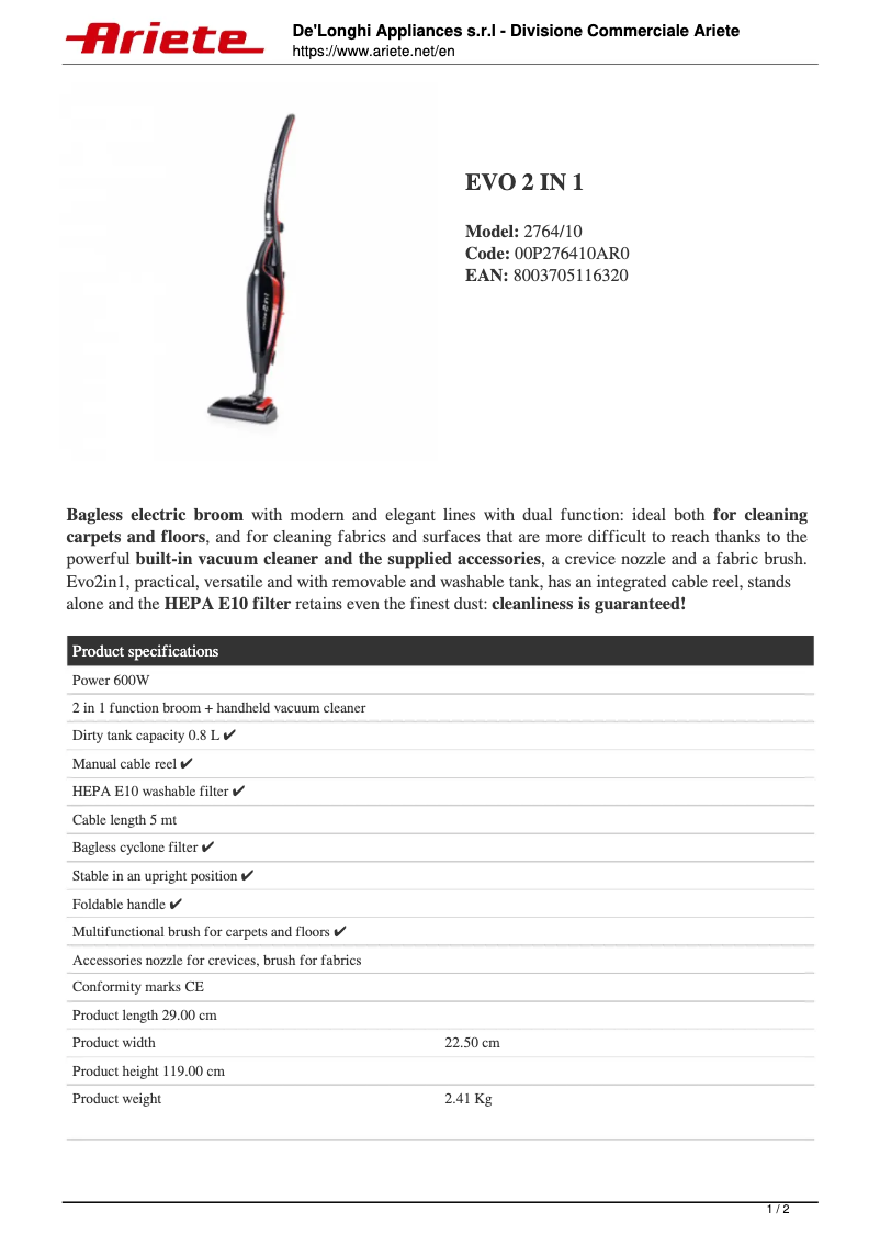 Page 1 de la notice Fiche technique Ariete Evo 2 in 1 2764