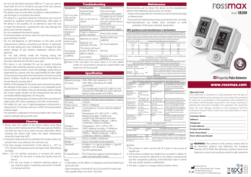 Page 1 de la notice Manuel utilisateur Rossmax SB200