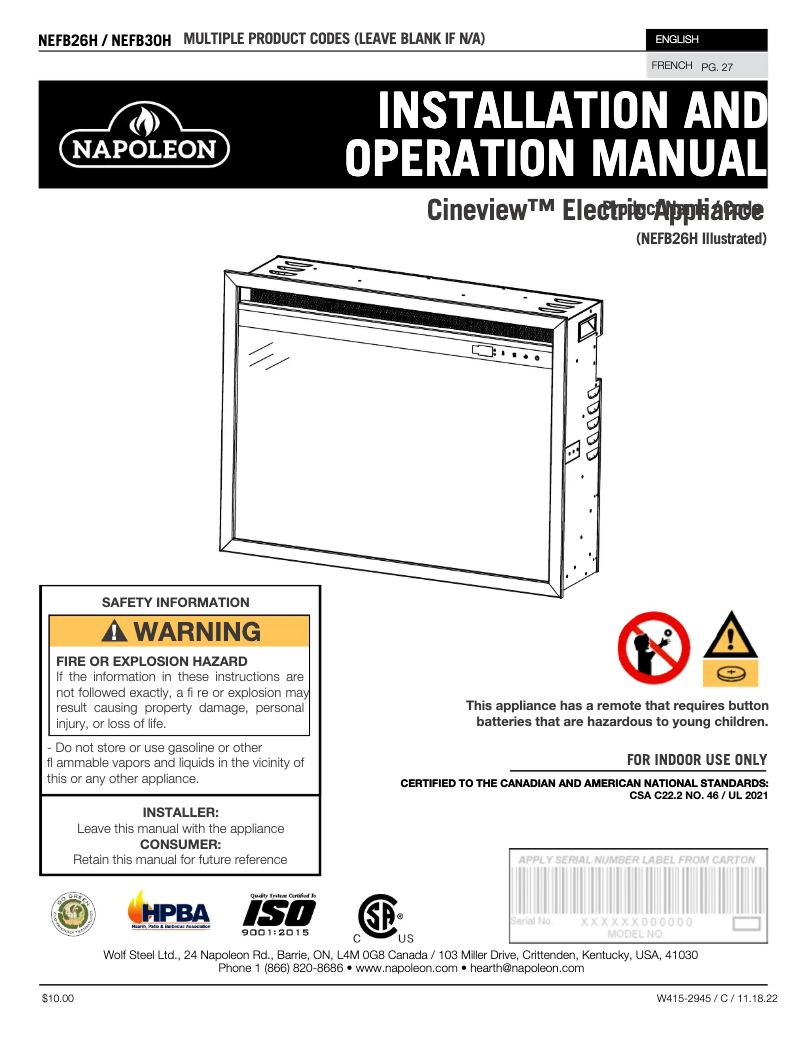 Página 1 del manual Manual de usuario Napoleon Cineview 30