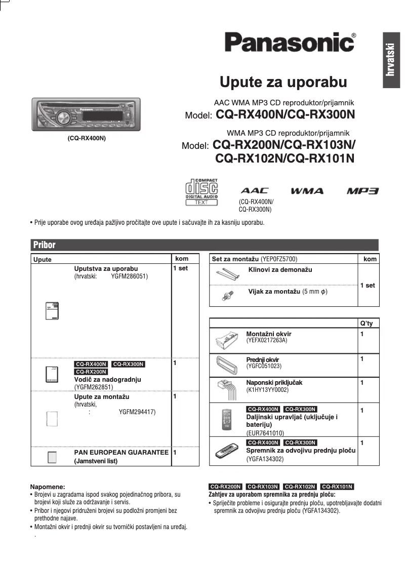 Page 1 de la notice Manuel utilisateur Panasonic CQ-RX400N