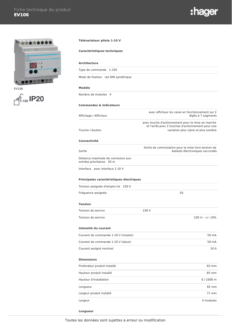 Page 1 de la notice Fiche technique Hager EV106