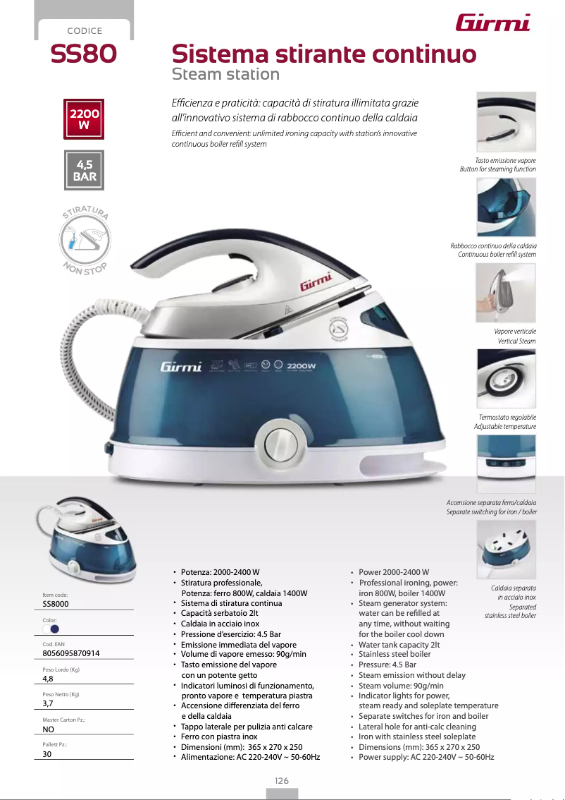 Page 1 de la notice Fiche technique Girmi SS80