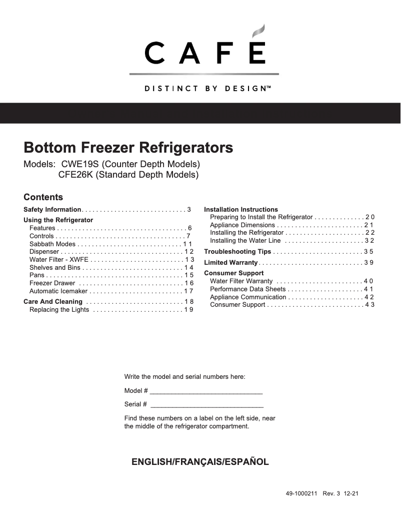 Page 1 de la notice Manuel d'utilisation et d'entretien GE CWE19SP4NW2