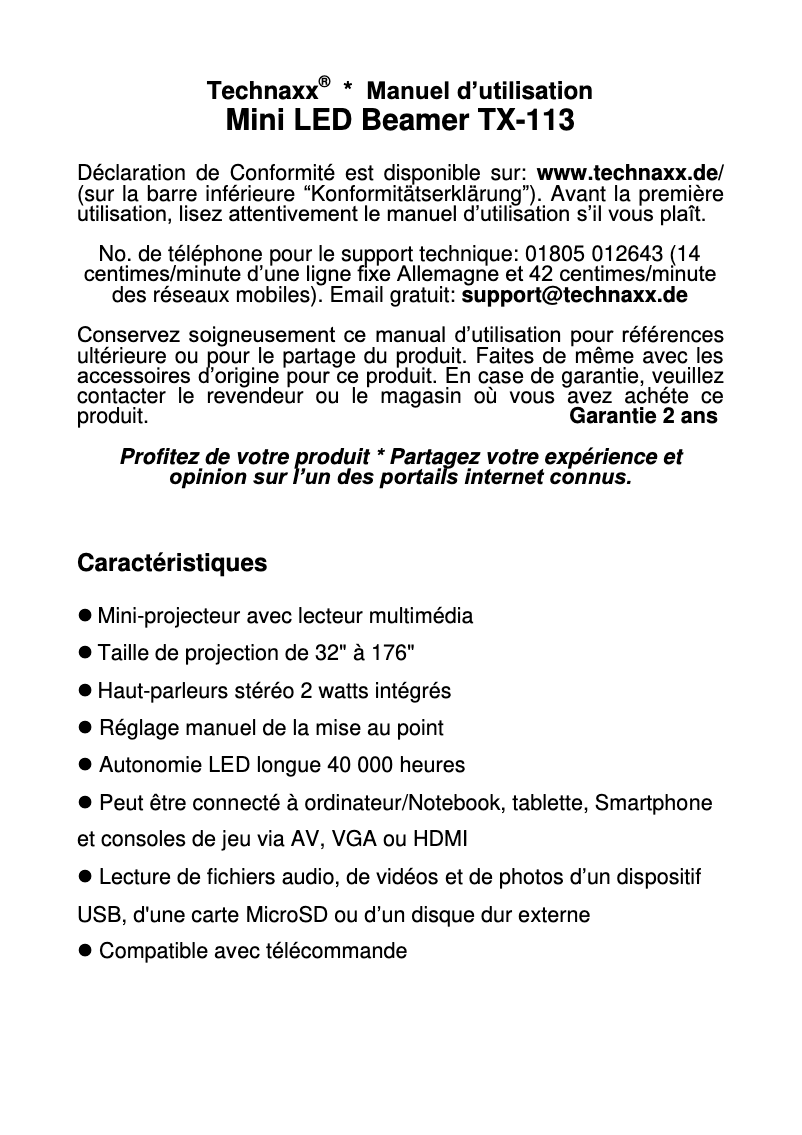 Page n°1 - Manuel utilisateur Technaxx TX-113