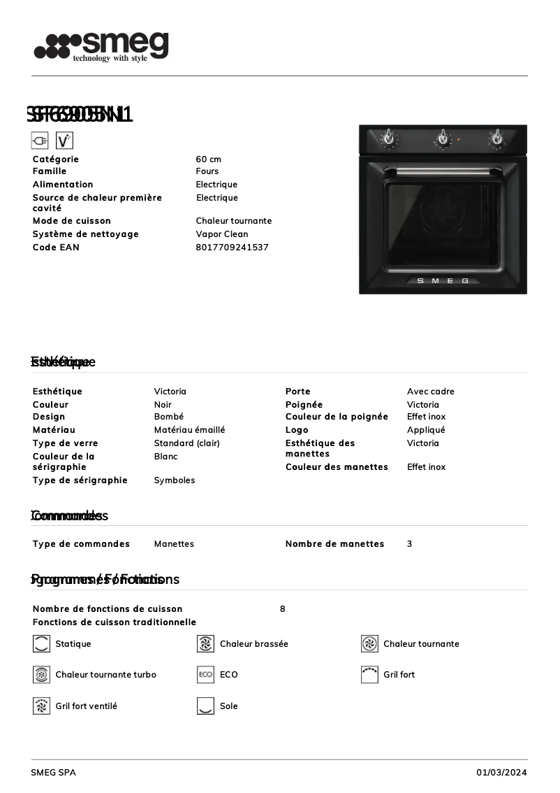 Page 1 de la notice Fiche technique Smeg SF6905N1