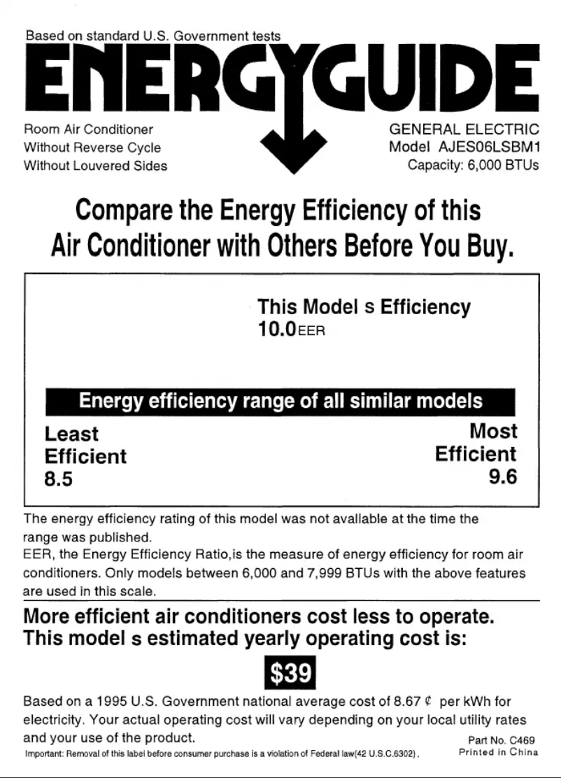 Page 1 de la notice Label énergétique GE AJES06LSB