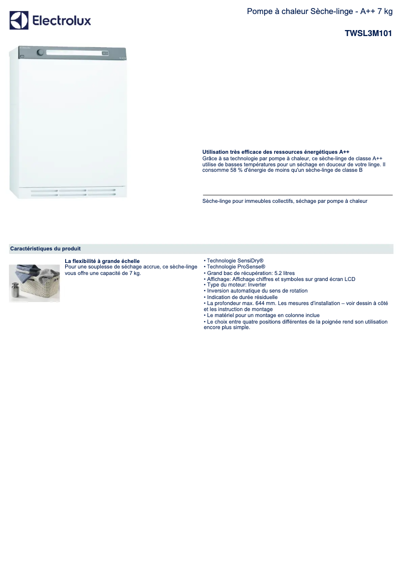 Page 1 de la notice Fiche technique Electrolux TWSL3M101