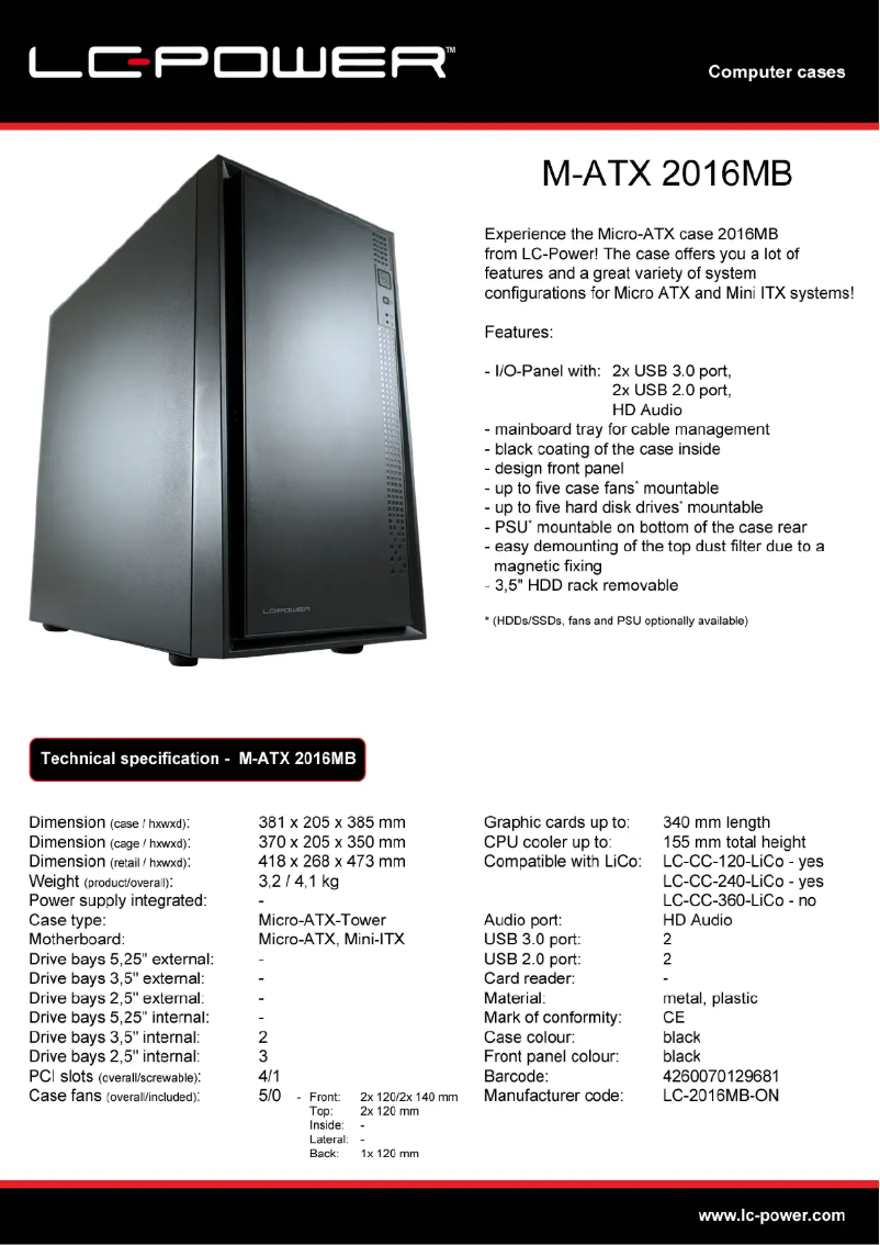 Page 1 de la notice Fiche technique LC-Power M-ATX Case 2016MB