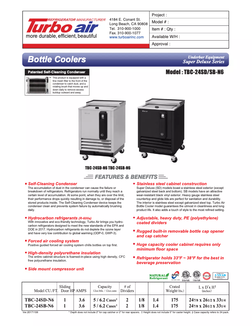Page 1 de la notice Fiche technique Turbo air TBC-24SB