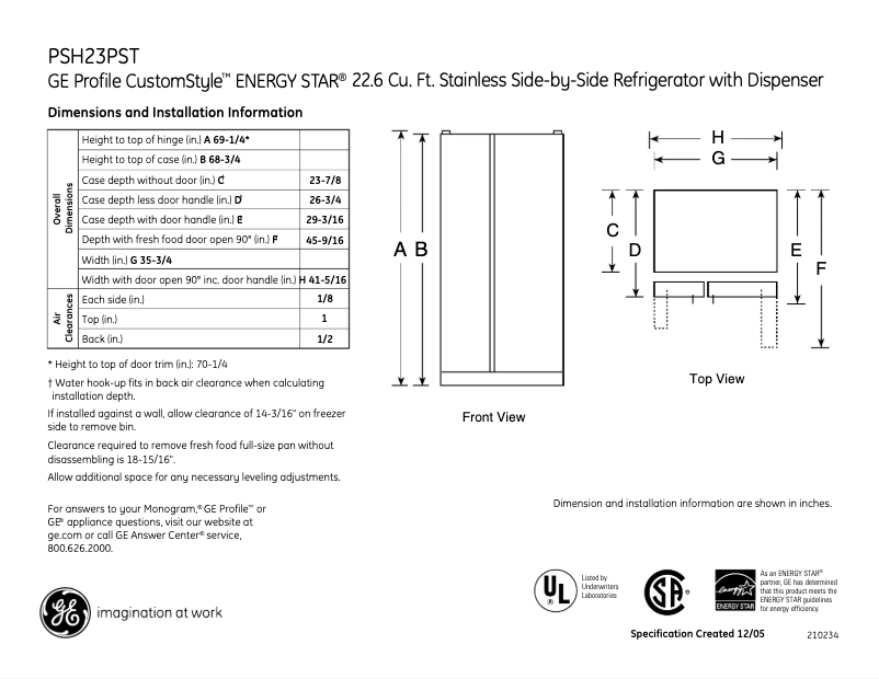 Page n°1 - Fiche technique GE PSH23PSTSV