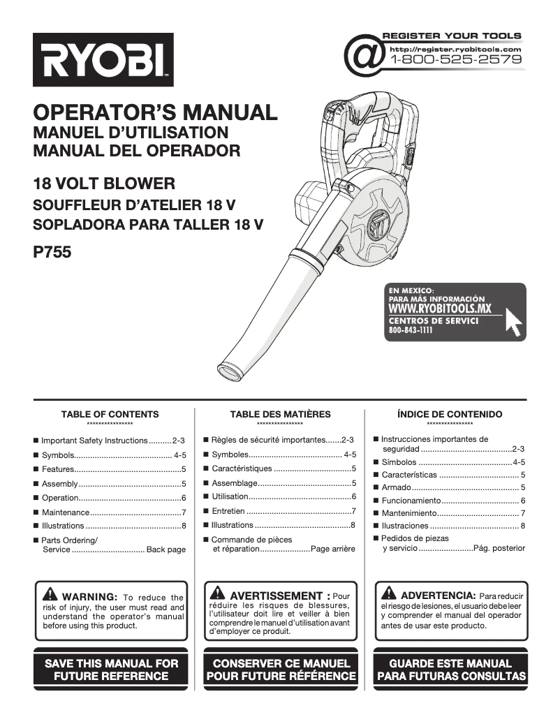 Page 1 de la notice Manuel utilisateur RYOBI P755
