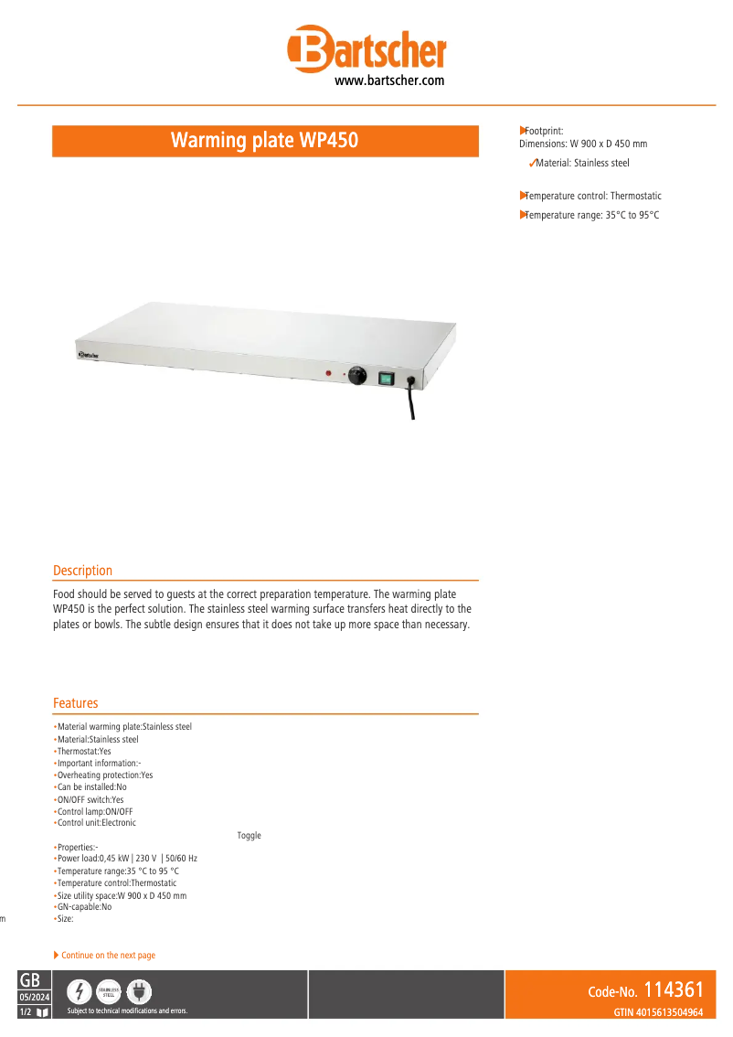 Page 1 de la notice Fiche technique Bartscher WP450