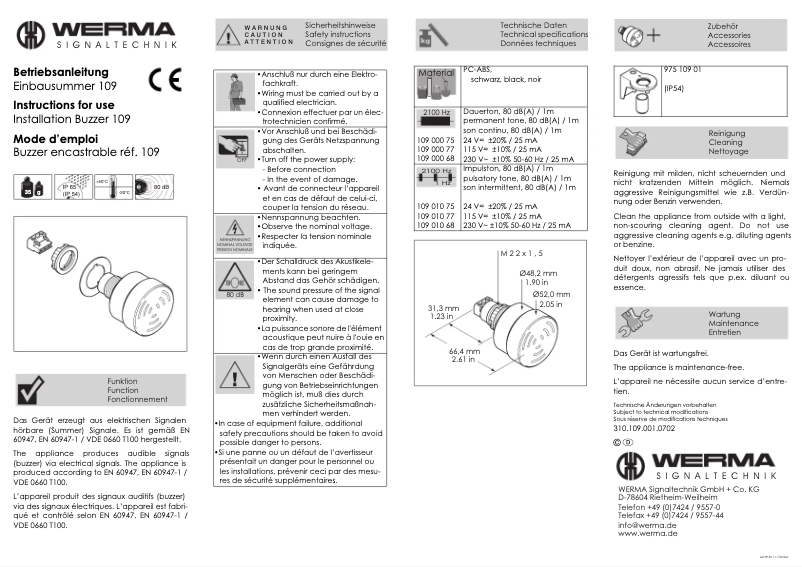 Page 1 de la notice Manuel utilisateur Werma 109.000.75