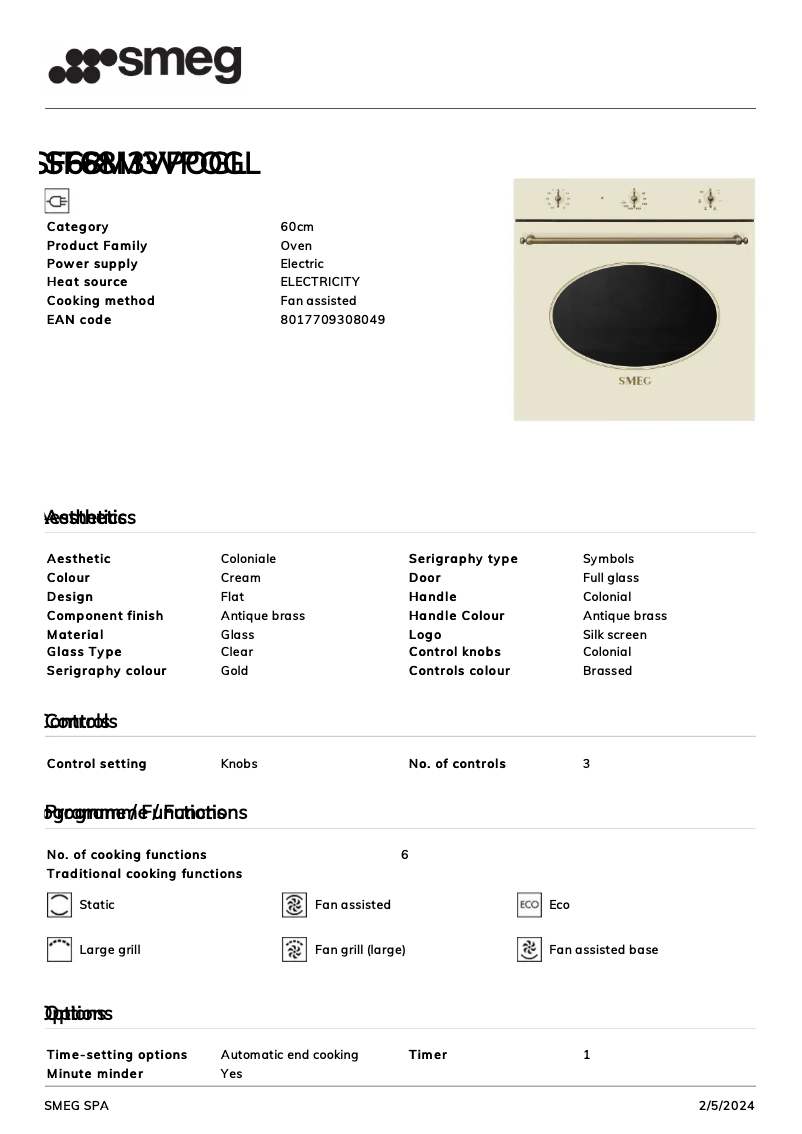 Page n°1 - Fiche technique Smeg SF68M3VPOGL