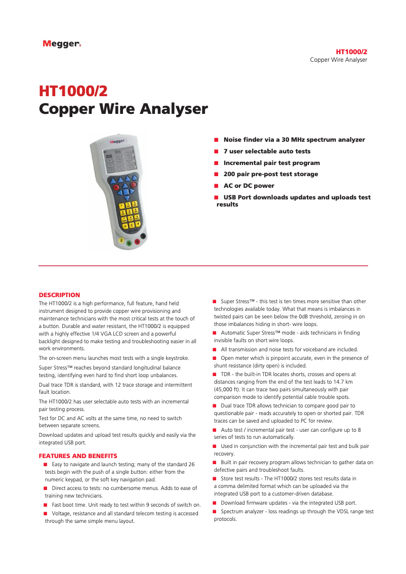 Page 1 de la notice Fiche technique Megger HT1000/2