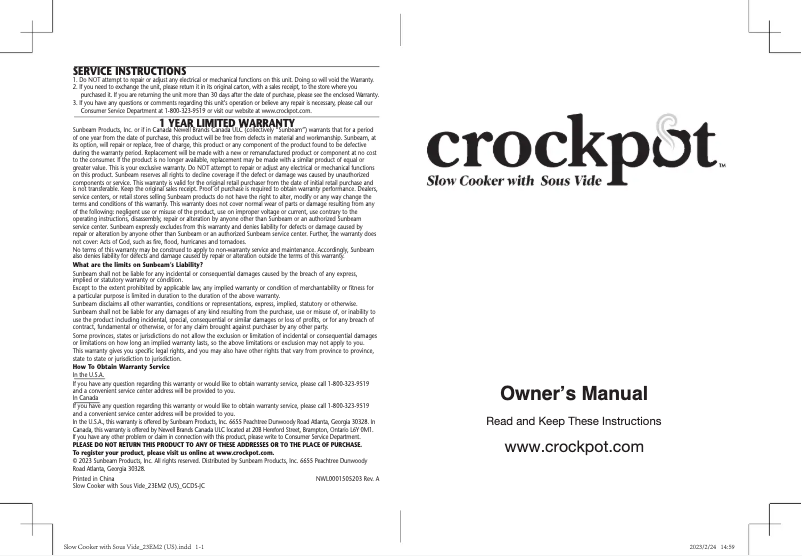 Page 1 de la notice Manuel utilisateur Crock-Pot CPSCRTO60-OM
