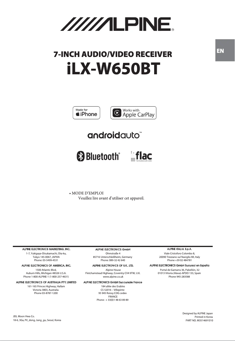 Page 1 de la notice Manuel utilisateur Alpine iLX-W650BT