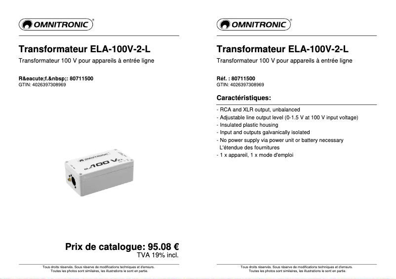 Page n°1 - Fiche technique Omnitronic ELA-100V-2-L