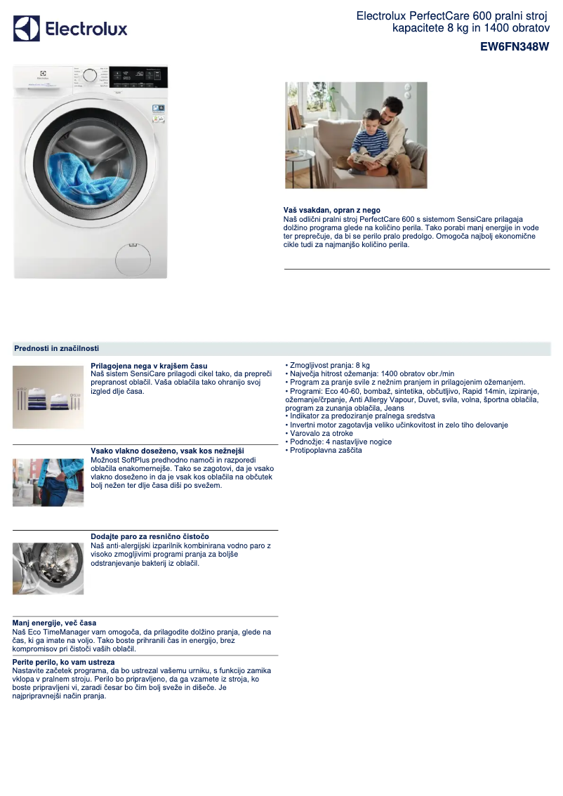 Page 1 de la notice Fiche technique Electrolux EW6FN348W