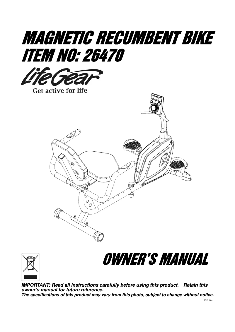 Página 1 del manual Manual de usuario Life Gear Accord Magnetic Recumbent Bike 26470